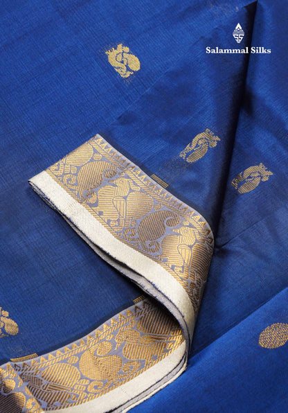 Beautiful Royal Blue Traditional Buttas Handloom Semi Silk Cotton Saree With Half White Border
