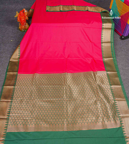 Semi Silk Saree - Pink Colour Body Plain With Contrast Bottle Green Traditional Temple Border 