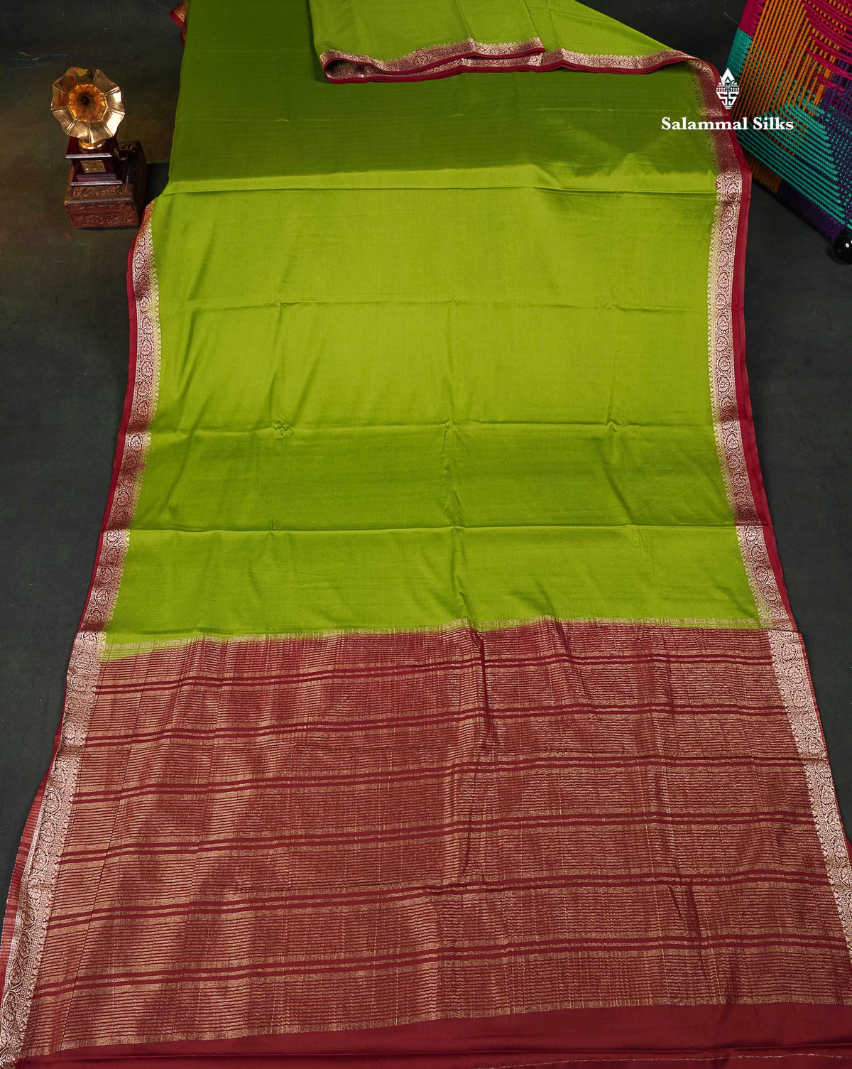 Semi Mysore Silk Saree - Lime Green  Colour Body Plain With Contrast  Maroon Small Border