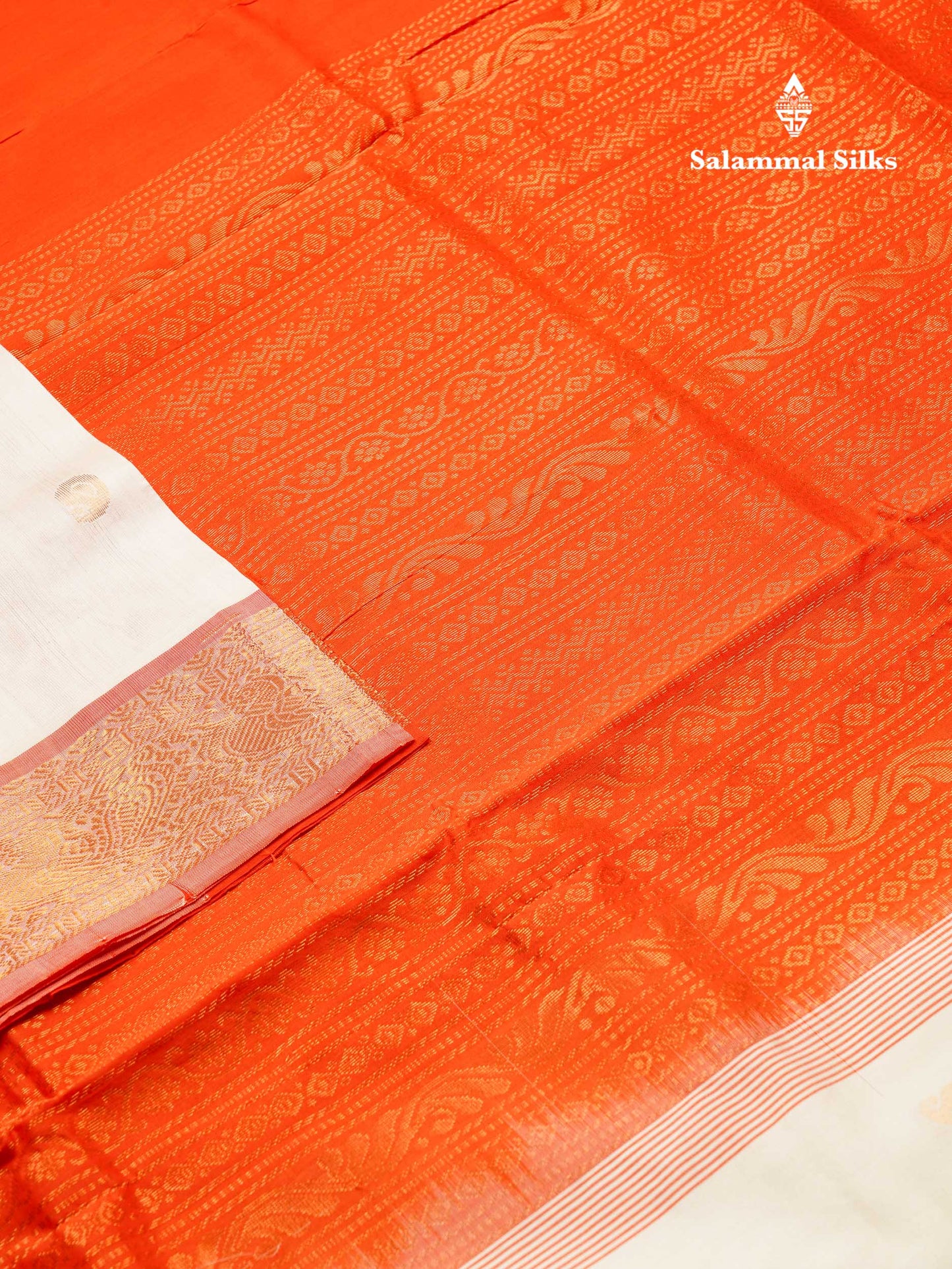 Beautiful Half White Semi Silk Cotton Saree With Contrast Orange Traditional Border