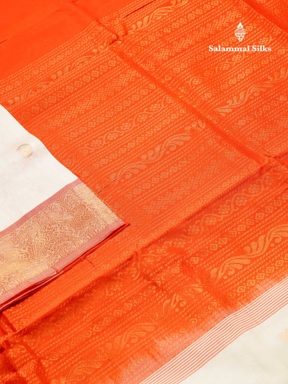 Beautiful Half White Semi Silk Cotton Saree With Contrast Orange Traditional Border
