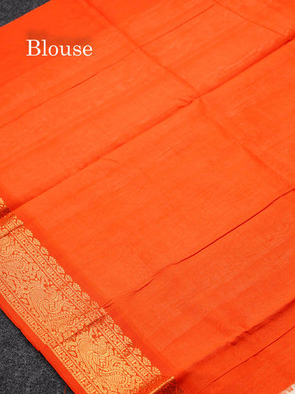 Beautiful Half White Semi Silk Cotton Saree With Contrast Orange Traditional Border
