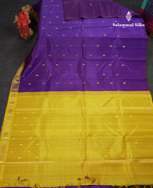 Beautiful Violet Pure Kanjivaram Silk Saree With Contrast Mustard Yellow One Side Traditional Border
