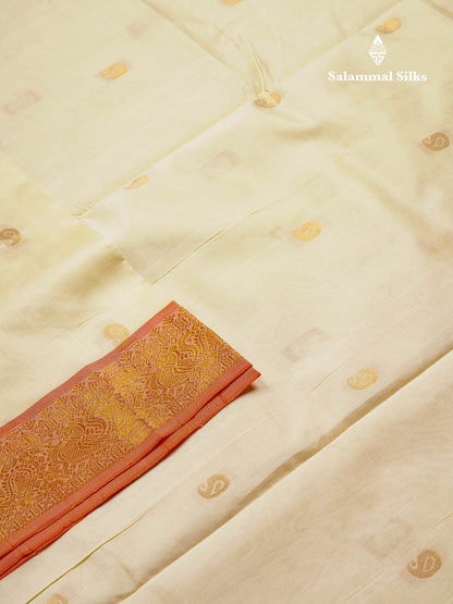Beautiful Half White Semi Silk Cotton Saree With Contrast Orange Traditional Border