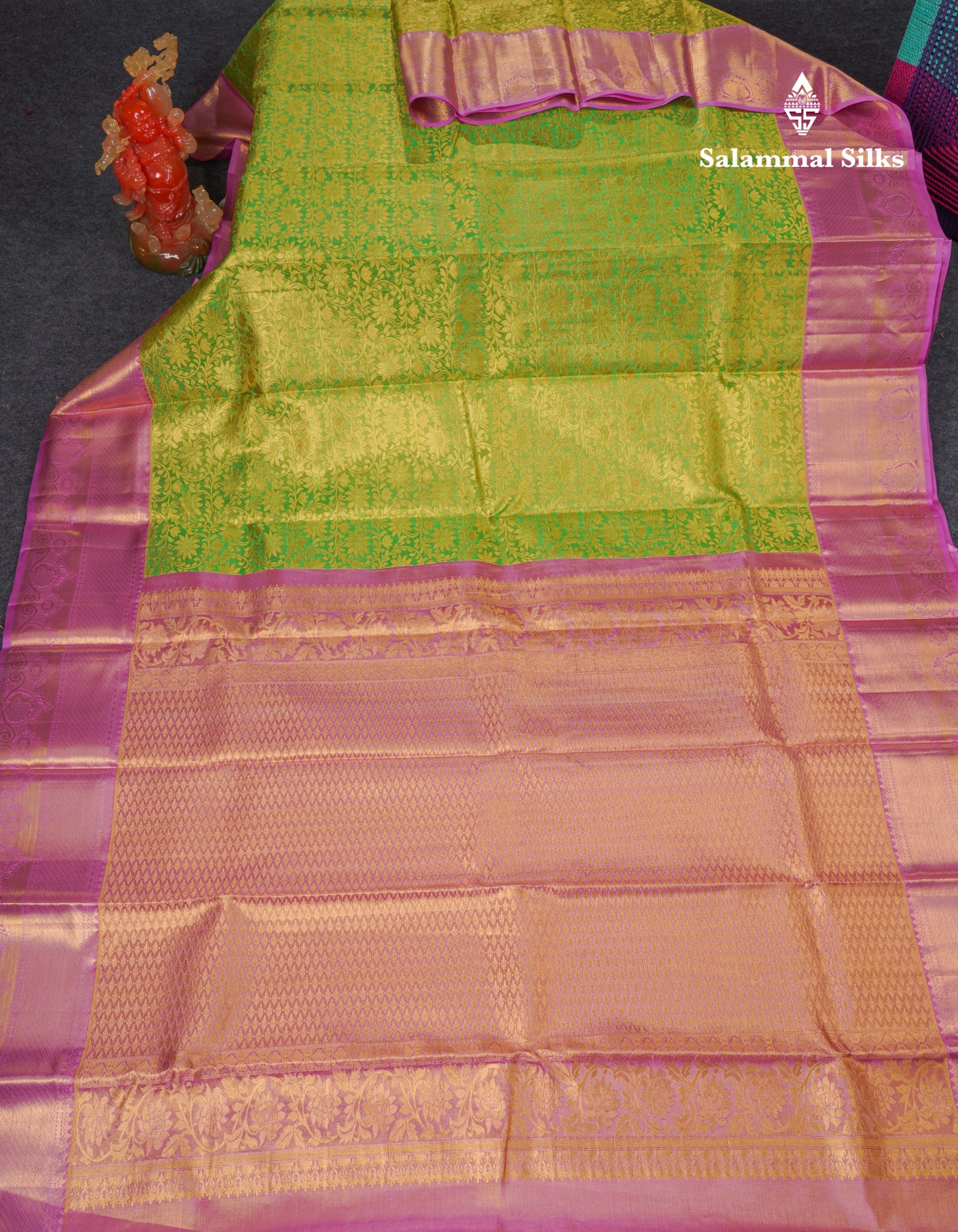 Beautiful Parrot Green Tissue Pure Kanjivaram Silk Saree With Contrast Pink Traditional Border