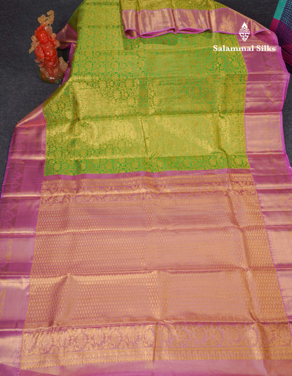 Beautiful Parrot Green Tissue Pure Kanjivaram Silk Saree With Contrast Pink Traditional Border