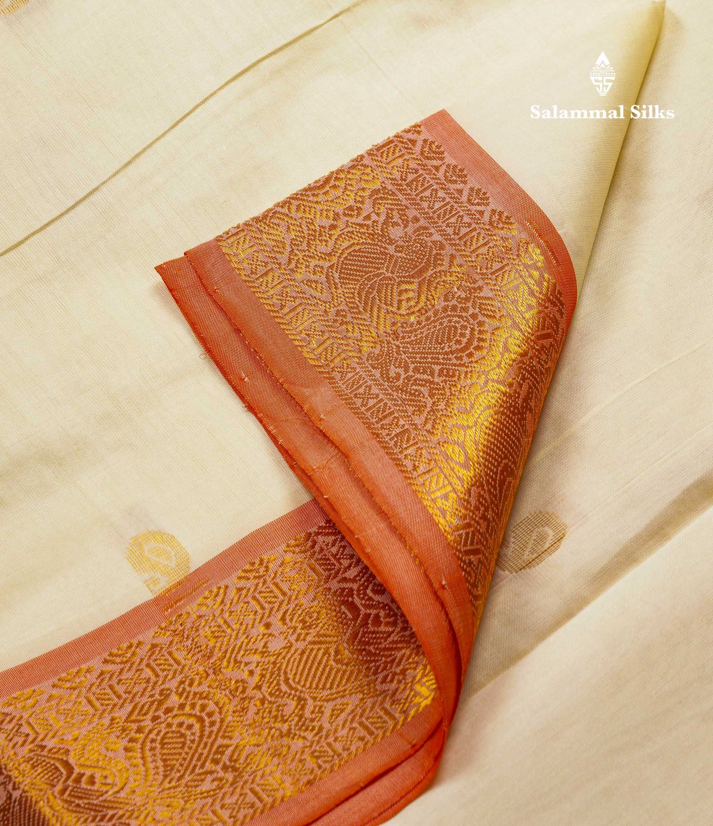 Beautiful Half White Semi Silk Cotton Saree With Contrast Orange Traditional Border