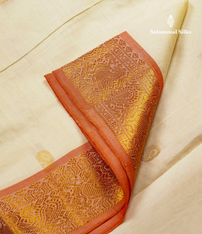 Beautiful Half White Semi Silk Cotton Saree With Contrast Orange Traditional Border