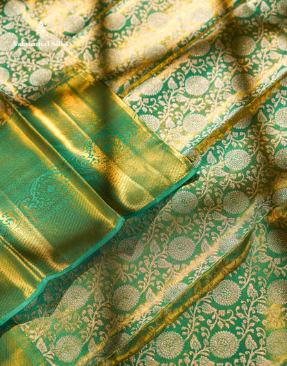 Beautiful Light Green Tissue Bridal Pure Kanjivaram Silk Saree With Traditional Evening Morning Border
