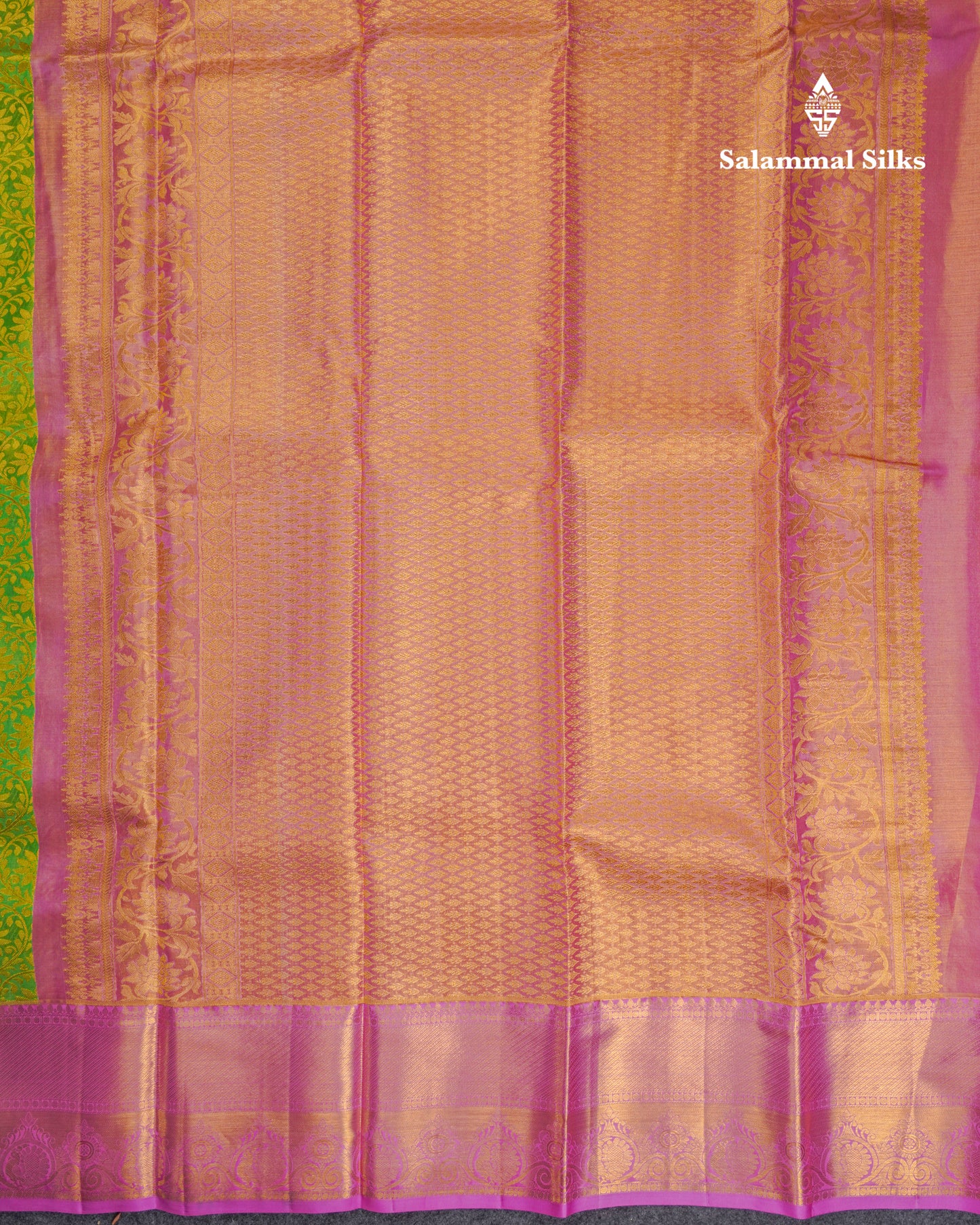 Beautiful Parrot Green Tissue Pure Kanjivaram Silk Saree With Contrast Pink Traditional Border