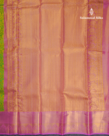 Beautiful Parrot Green Tissue Pure Kanjivaram Silk Saree With Contrast Pink Traditional Border