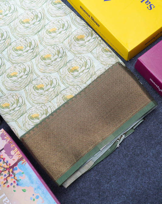 Light Green Chanderi Mixed Cotton Saree With Contrast Army Green Border