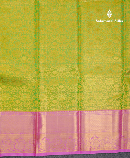Beautiful Parrot Green Tissue Pure Kanjivaram Silk Saree With Contrast Pink Traditional Border