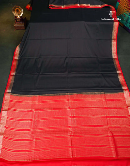Semi Mysore Silk Saree - Black  Colour Body Plain With Contrast Chilly Red Small Border