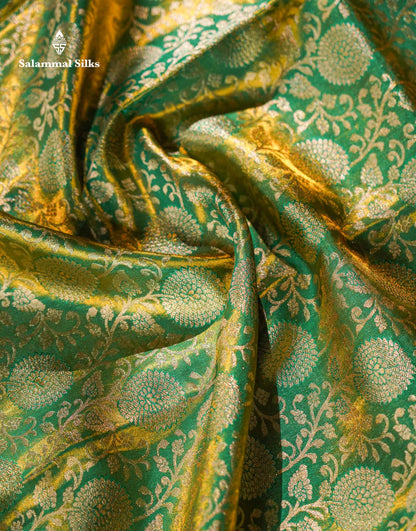 Beautiful Light Green Tissue Bridal Pure Kanjivaram Silk Saree With Traditional Evening Morning Border