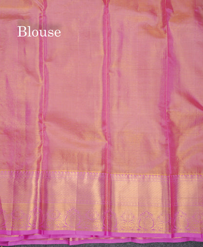 Beautiful Parrot Green Tissue Pure Kanjivaram Silk Saree With Contrast Pink Traditional Border