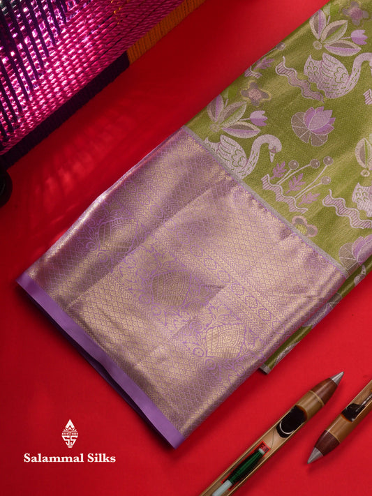 Semi Silk Pattu Pavadai (Green Tissue) With Lavender Blouse 45 "