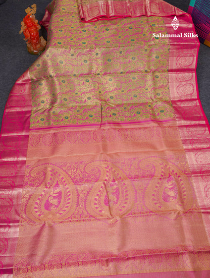Beautiful Gold Tissue Menakari Work Pure Kanjivaram Silk Saree With Contrast Pink Border
