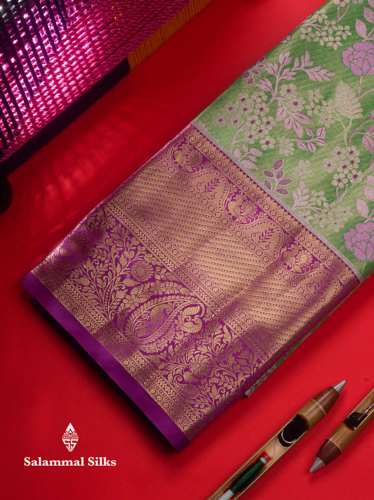 Semi Silk Pattu Pavadai (Green) With Violet Blouse  45"