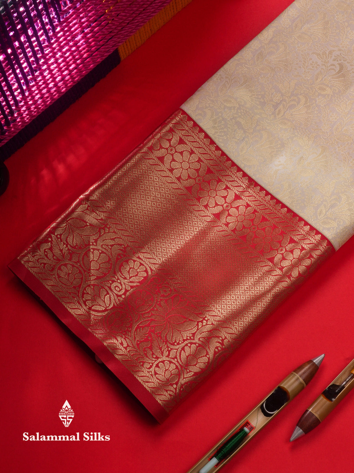 Semi Silk Pattu Pavadai (Half White) With Red Blouse  45"