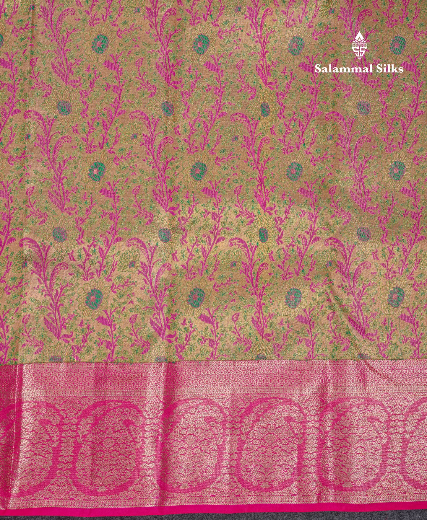 Beautiful Gold Tissue Menakari Work Pure Kanjivaram Silk Saree With Contrast Pink Border