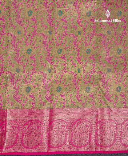 Beautiful Gold Tissue Menakari Work Pure Kanjivaram Silk Saree With Contrast Pink Border