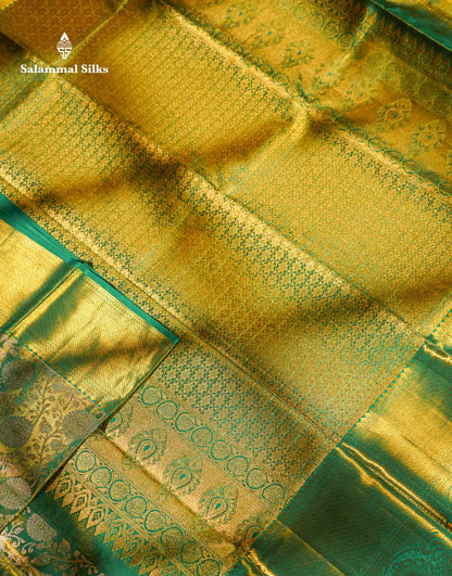 Beautiful Light Green Tissue Bridal Pure Kanjivaram Silk Saree With Traditional Evening Morning Border