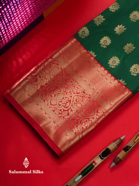 Semi Silk Pattu Pavadai (Bottle Green) With Red Blouse  45"