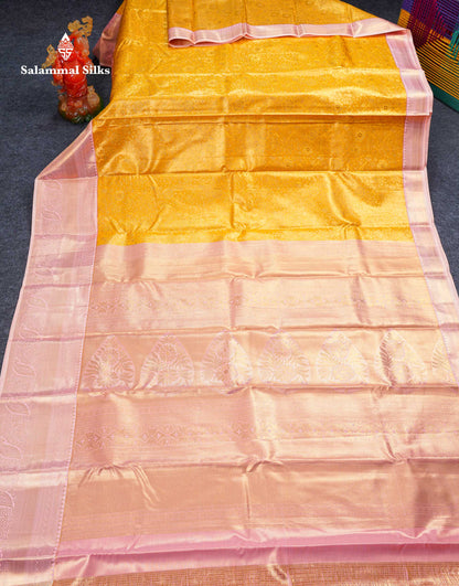 Beautiful Mustard Yellow Bridal Semi Silk Saree With Contrast Peach Pink Traditional Evening Morning Border