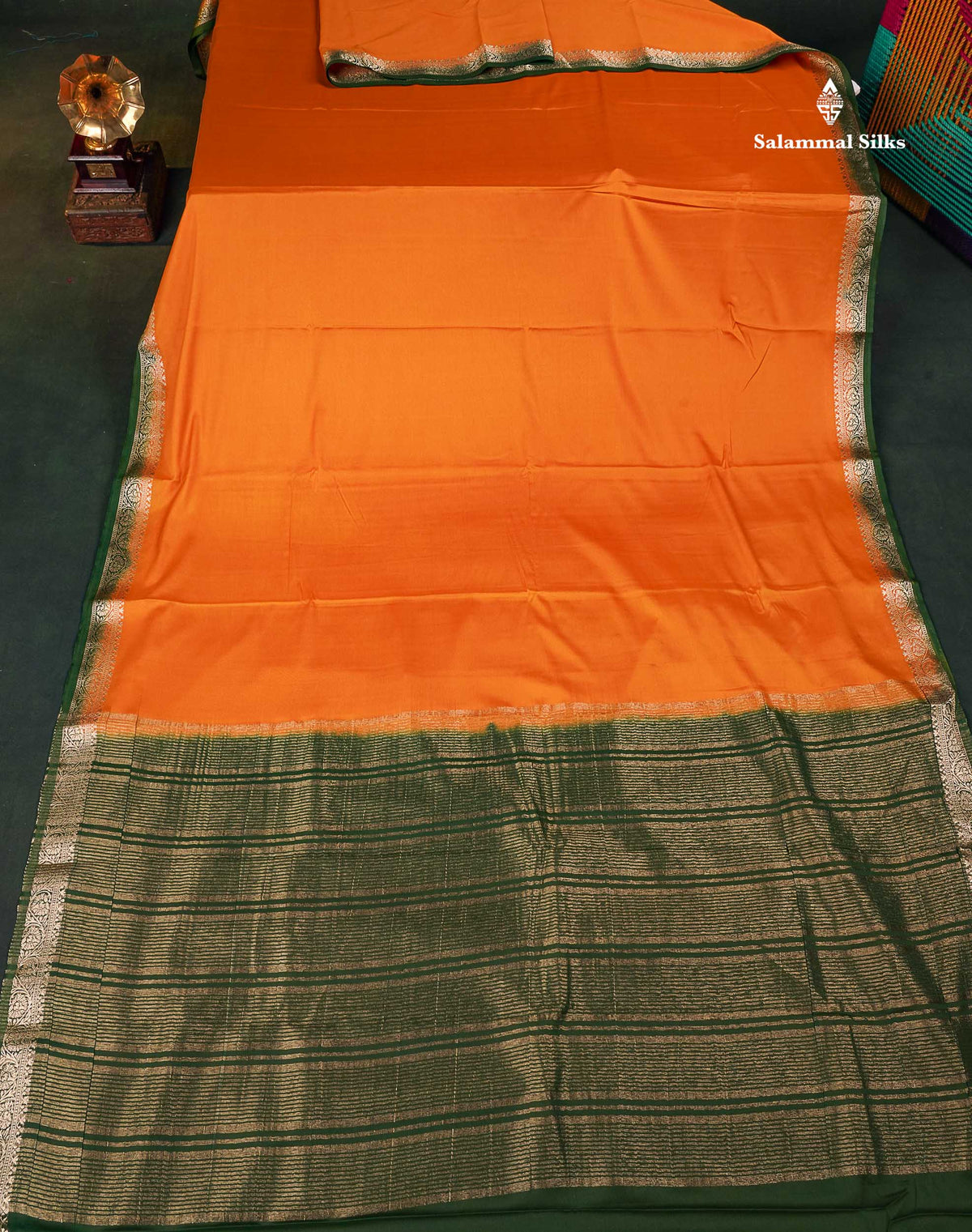 Semi Mysore Silk Saree - Orange  Colour Body Plain With Contrast Bottle Green Small Border