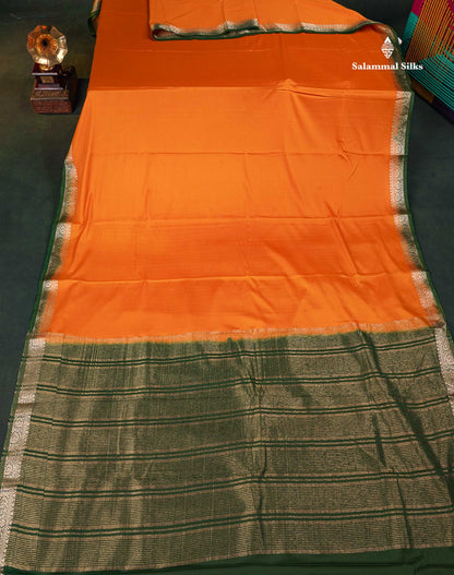 Semi Mysore Silk Saree - Orange  Colour Body Plain With Contrast Bottle Green Small Border