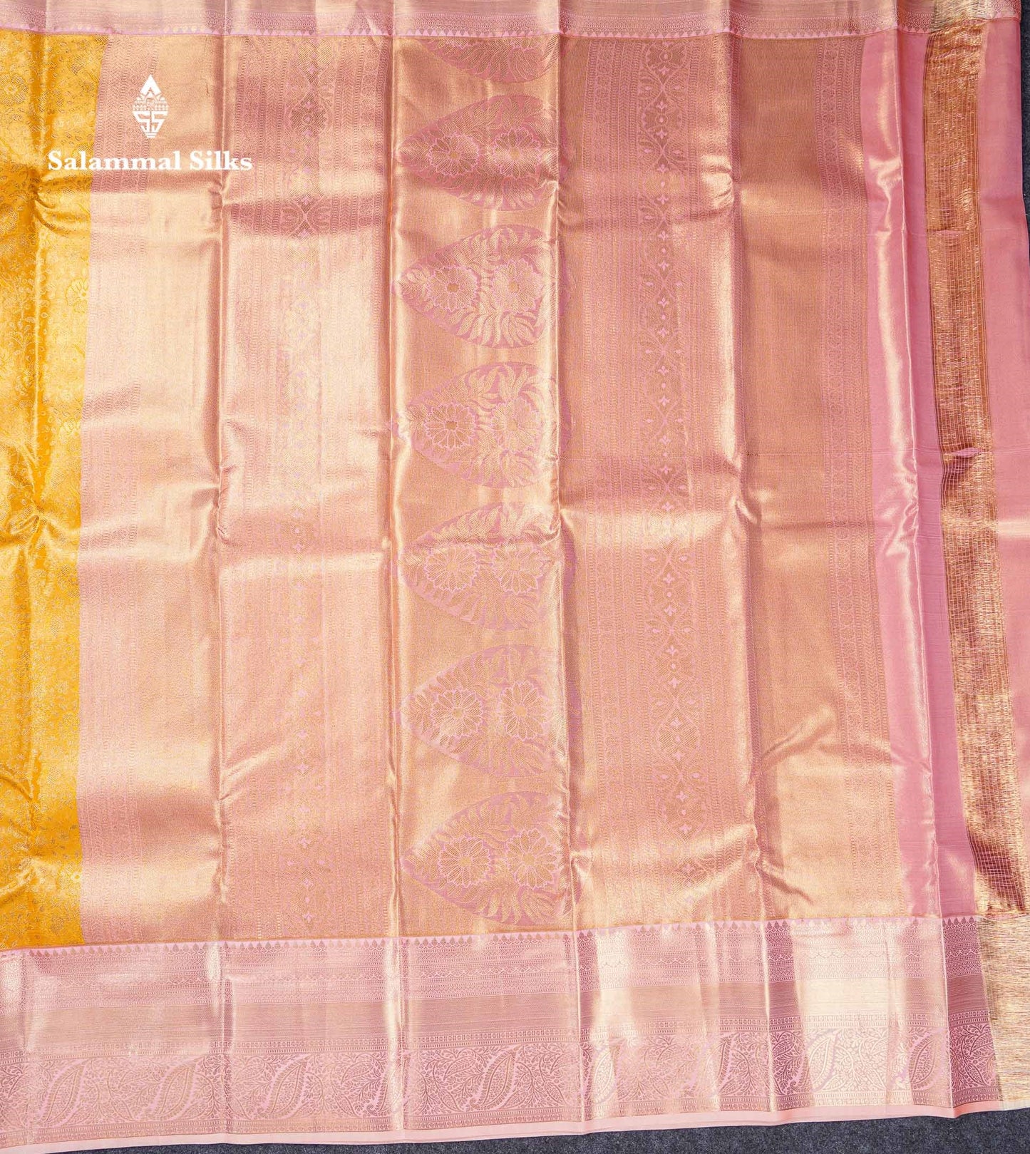 Beautiful Mustard Yellow Bridal Semi Silk Saree With Contrast Peach Pink Traditional Evening Morning Border