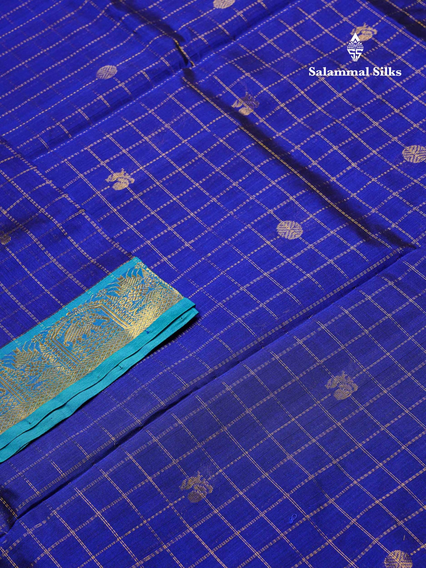 Beautiful Royal Blue Traditional Checks And Buttas Handloom Pure Silk Cotton Saree With Sapphire Blue Border