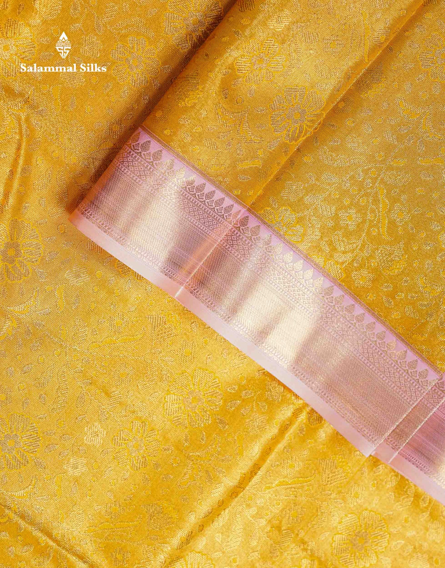 Beautiful Mustard Yellow Bridal Semi Silk Saree With Contrast Peach Pink Traditional Evening Morning Border
