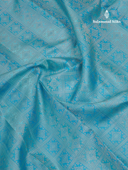 Beautiful Sky Blue Bridal Pure Kanjivaram Silk Saree With Traditional Border