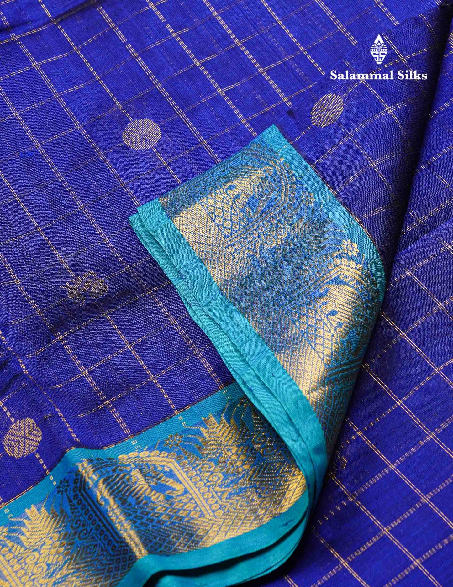 Beautiful Royal Blue Traditional Checks And Buttas Handloom Pure Silk Cotton Saree With Sapphire Blue Border