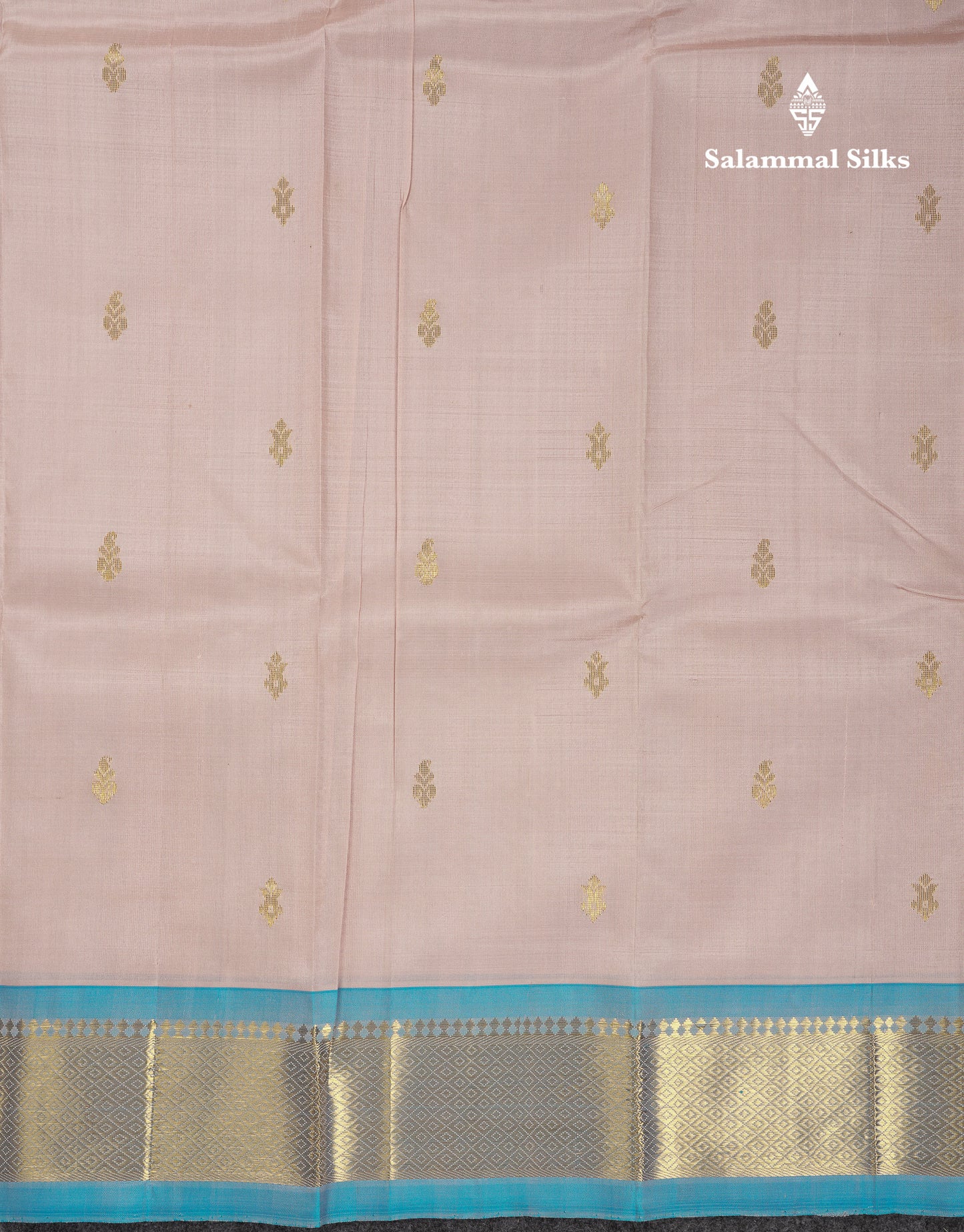Beautiful Light Peach Pure Kanjivaram Silk Saree With Contrast Light Ramar Blue One Side Traditional Border