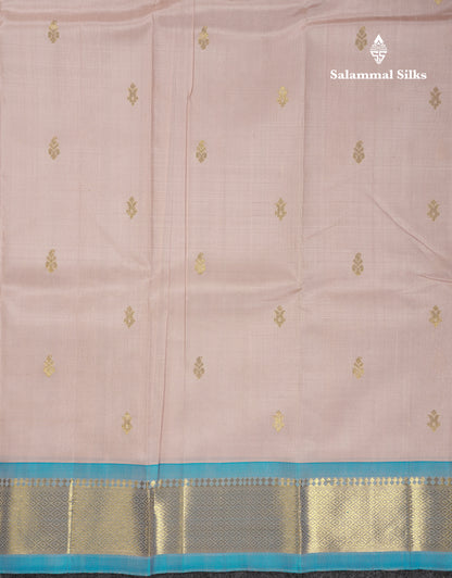 Beautiful Light Peach Pure Kanjivaram Silk Saree With Contrast Light Ramar Blue One Side Traditional Border