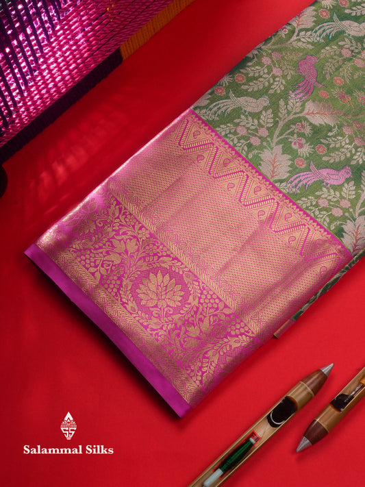 Semi Silk Pattu Pavadai (Green Tissue) With Light Pink Blouse  45"