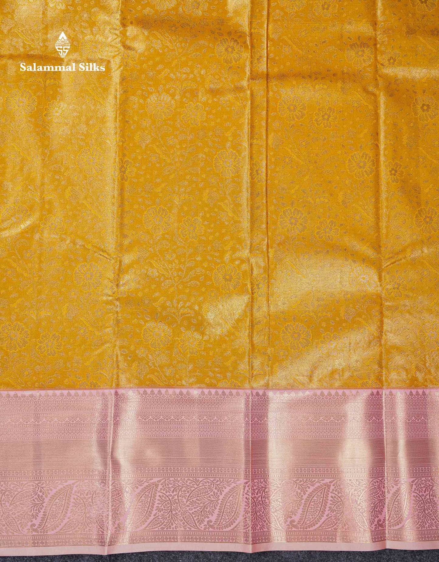 Beautiful Mustard Yellow Bridal Semi Silk Saree With Contrast Peach Pink Traditional Evening Morning Border