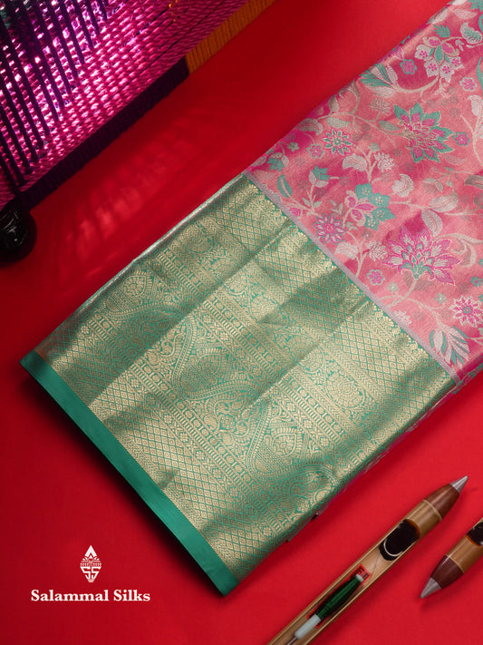 Semi Silk Pattu Pavadai (Light Pink Tissue) With Saffire Green Blouse  45"