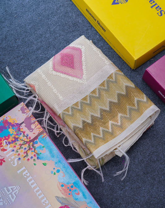 Half White Tiny Zari Checks Embroidery Work Fancy Tissue Kota Saree With Contrast Brown Border