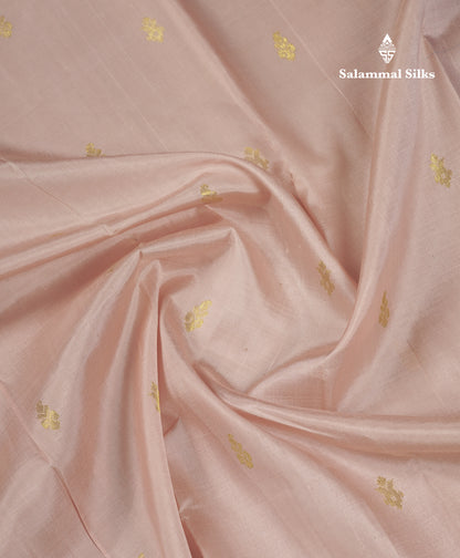 Beautiful Light Peach Pure Kanjivaram Silk Saree With Contrast Light Ramar Blue One Side Traditional Border