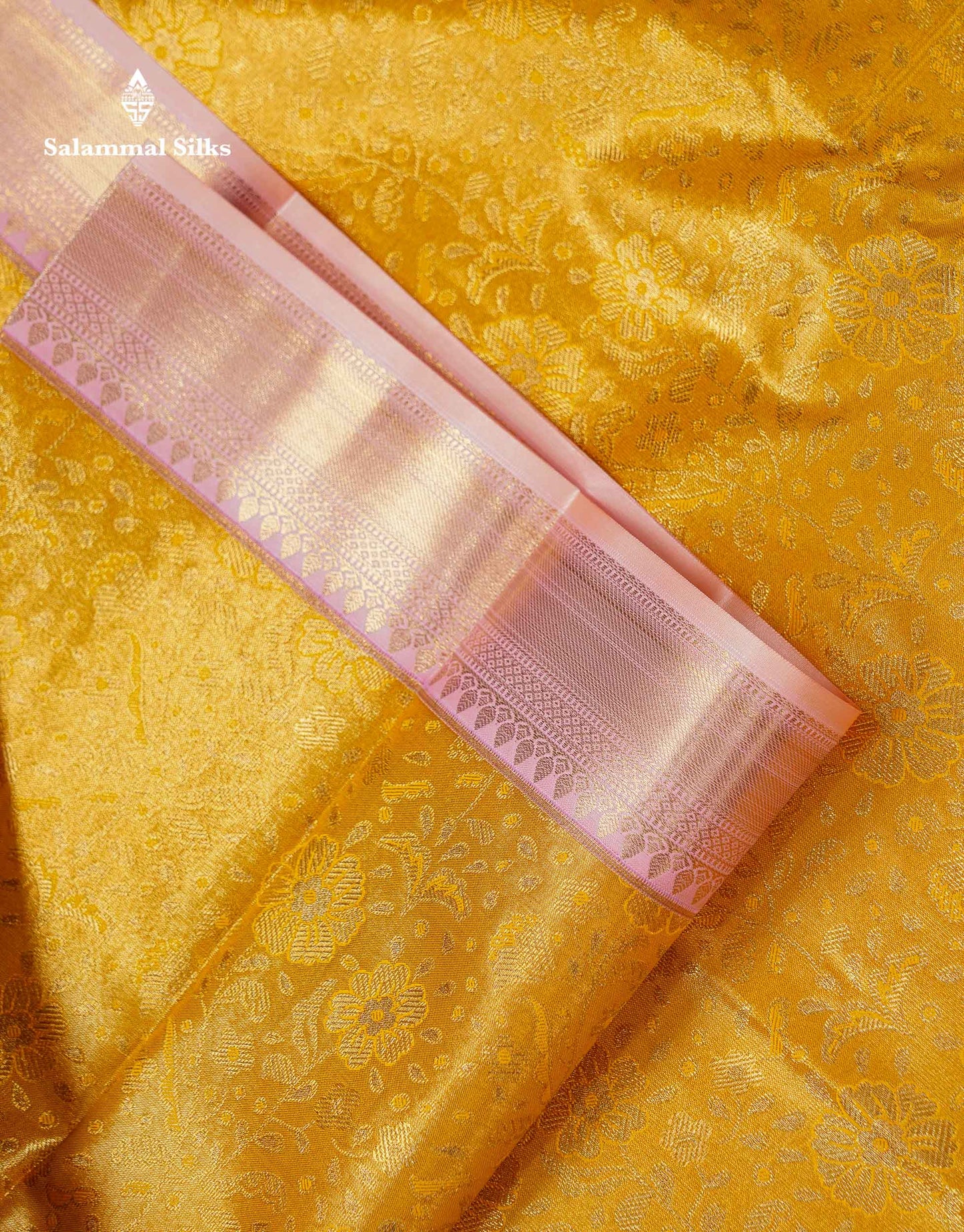 Beautiful Mustard Yellow Bridal Semi Silk Saree With Contrast Peach Pink Traditional Evening Morning Border
