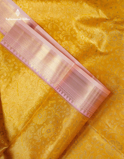 Beautiful Mustard Yellow Bridal Semi Silk Saree With Contrast Peach Pink Traditional Evening Morning Border