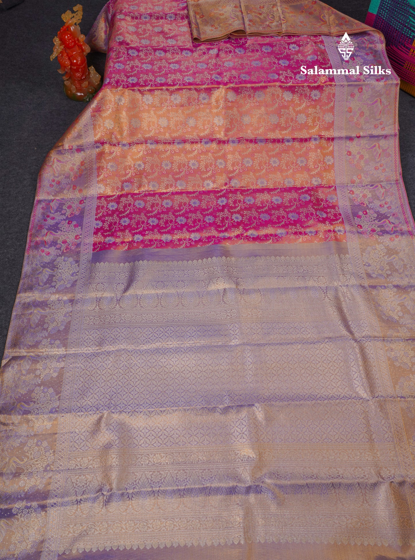 Beautiful Pink Tissue Bridal Pure Kanjivaram Silk Saree With Contrast Violet Fancy Border