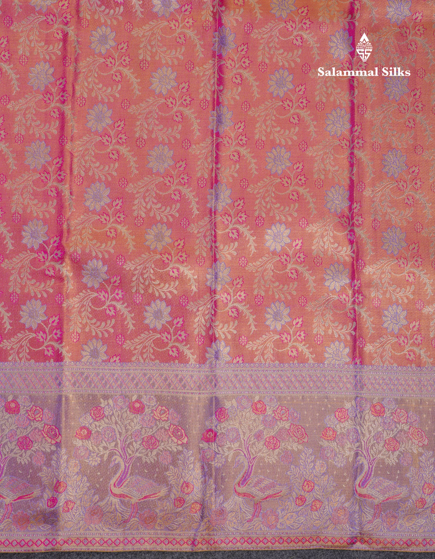 Beautiful Pink Tissue Bridal Pure Kanjivaram Silk Saree With Contrast Violet Fancy Border