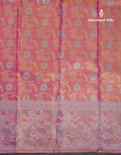 Beautiful Pink Tissue Bridal Pure Kanjivaram Silk Saree With Contrast Violet Fancy Border