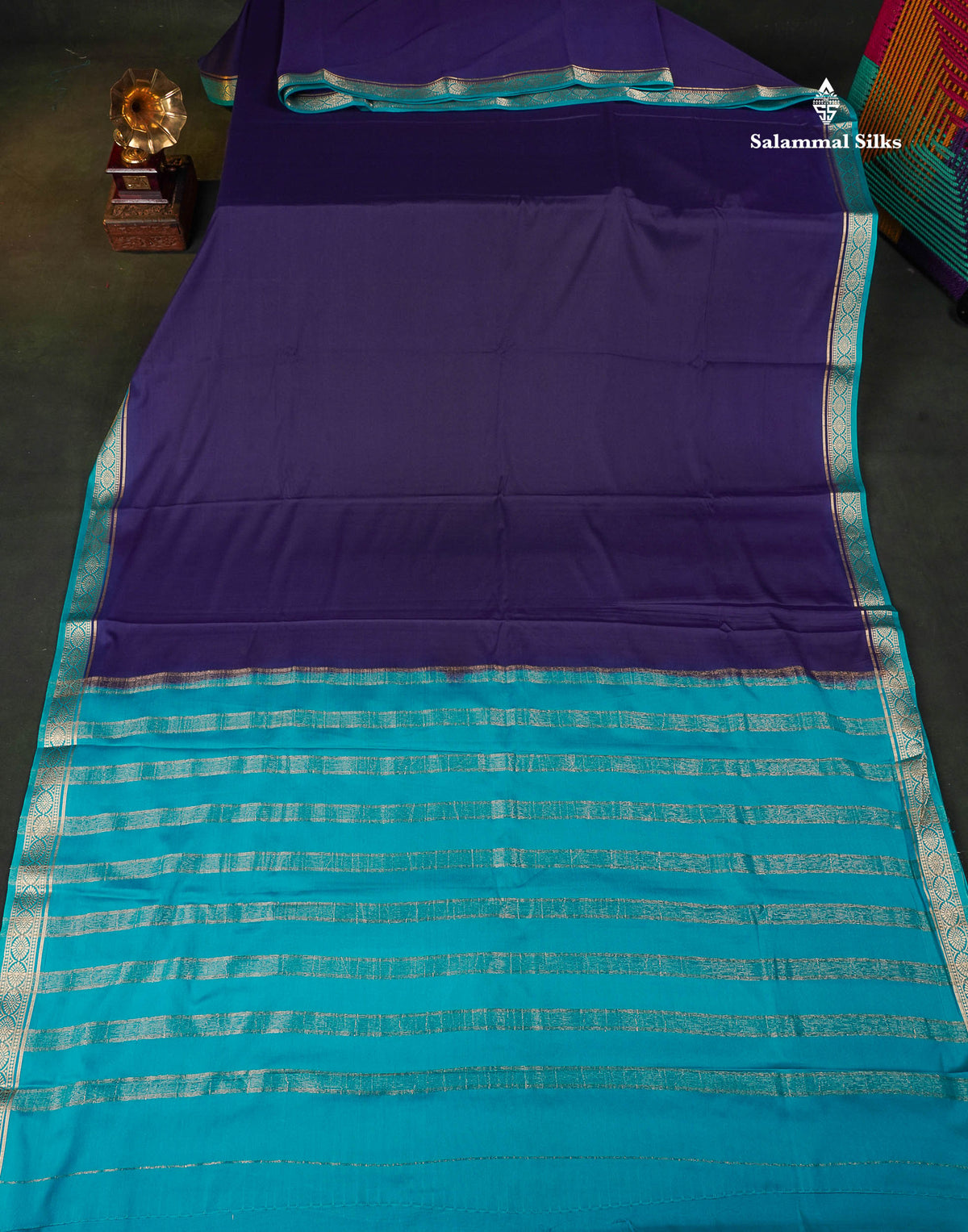 Semi Mysore Silk Saree - Navy Blue Colour Body Plain With Contrast Blue Small Border 