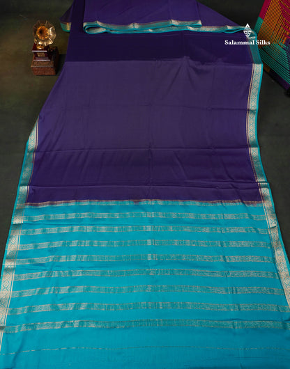Semi Mysore Silk Saree - Navy Blue Colour Body Plain With Contrast Blue Small Border 